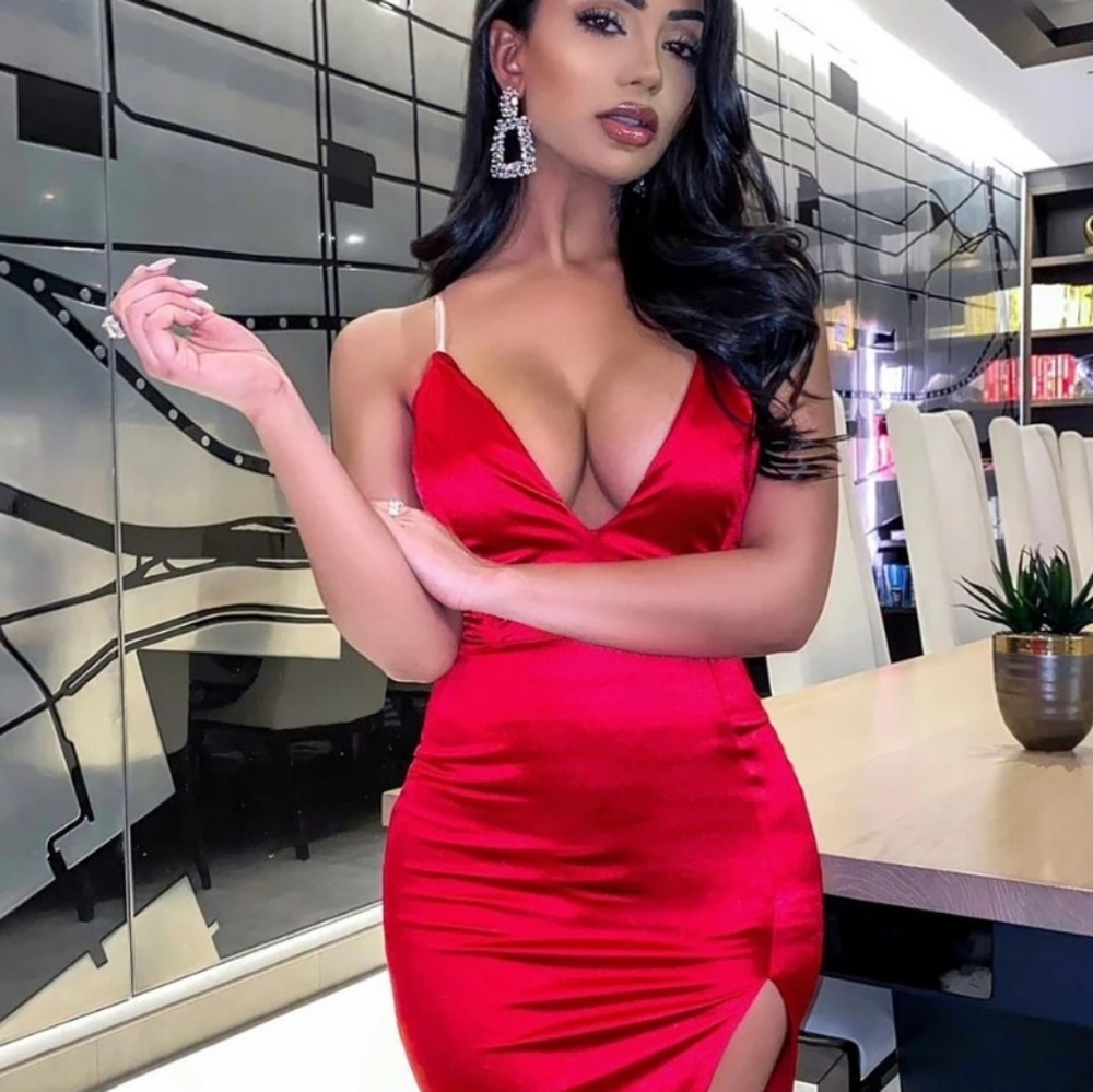 Fashion Nova Red Satin Midi Dress with Side Slit